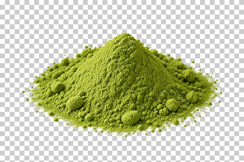 A mound of fine green matcha powder with small powder clumps.