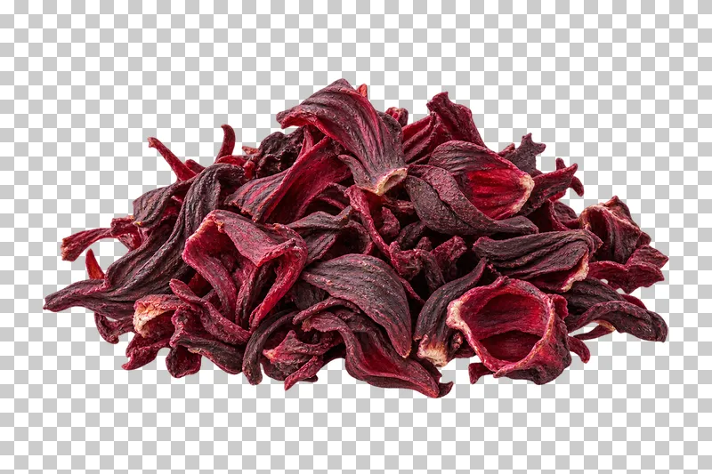 A portion of deep burgundy dried hibiscus calyces.