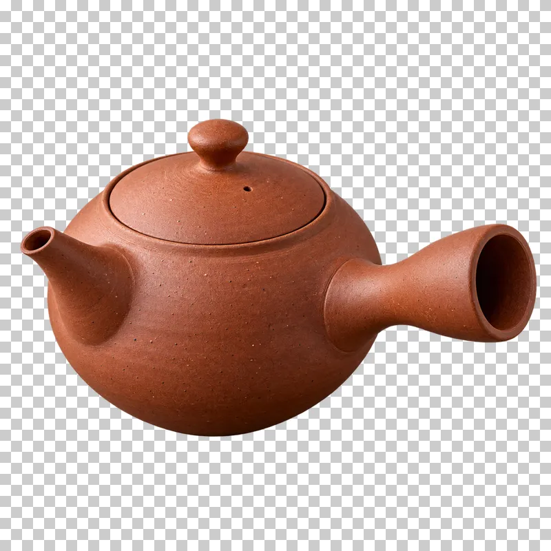 A red-brown clay kyusu teapot with a side handle, spout, and fitted lid.