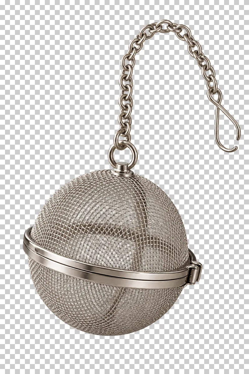 A round stainless steel mesh tea infuser with a complete chain and hook.