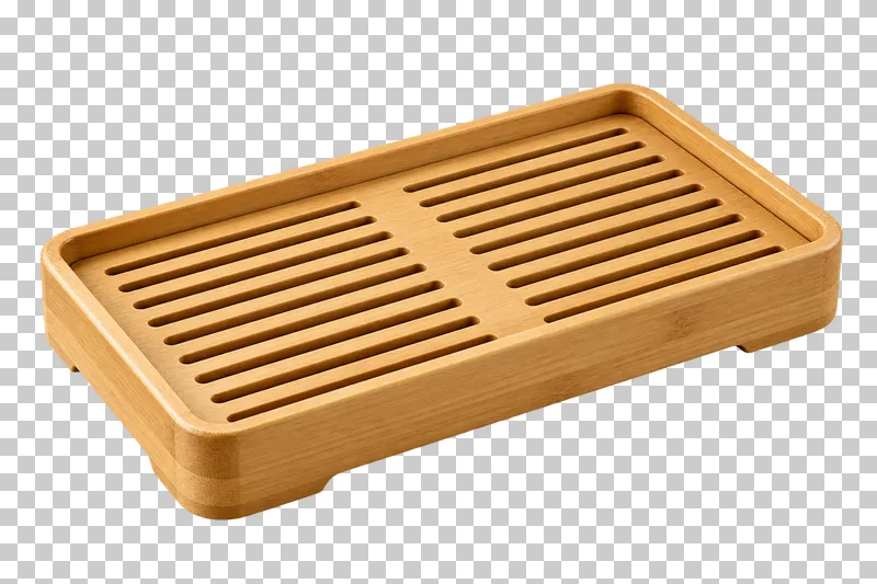 A rectangular bamboo tea tray with a raised rim and slotted drainage top.