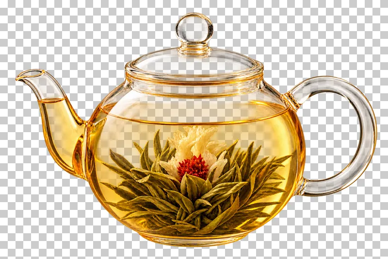 A clear glass teapot holding golden tea and an opened blooming-tea flower.