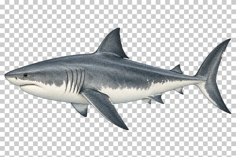 A watercolor great white shark in left-facing profile with a gray back, pale belly, pointed snout, and crescent tail.