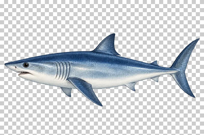 A watercolor shortfin mako shark in left-facing profile with a pointed snout, steel-blue body, and crescent tail.