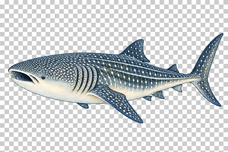 A watercolor whale shark in left-facing profile with rows of ivory spots, lateral ridges, and a broad terminal mouth.