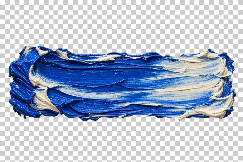 A wide cobalt blue paint band has ivory streaks, blunt ends, and deep horizontal bristle grooves.