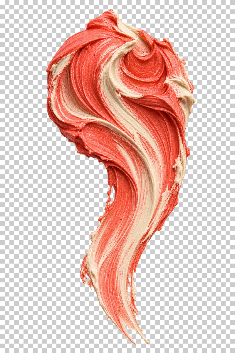 Coral and ivory paint forms a rounded upper curl that tapers into a long, narrow downward tail.