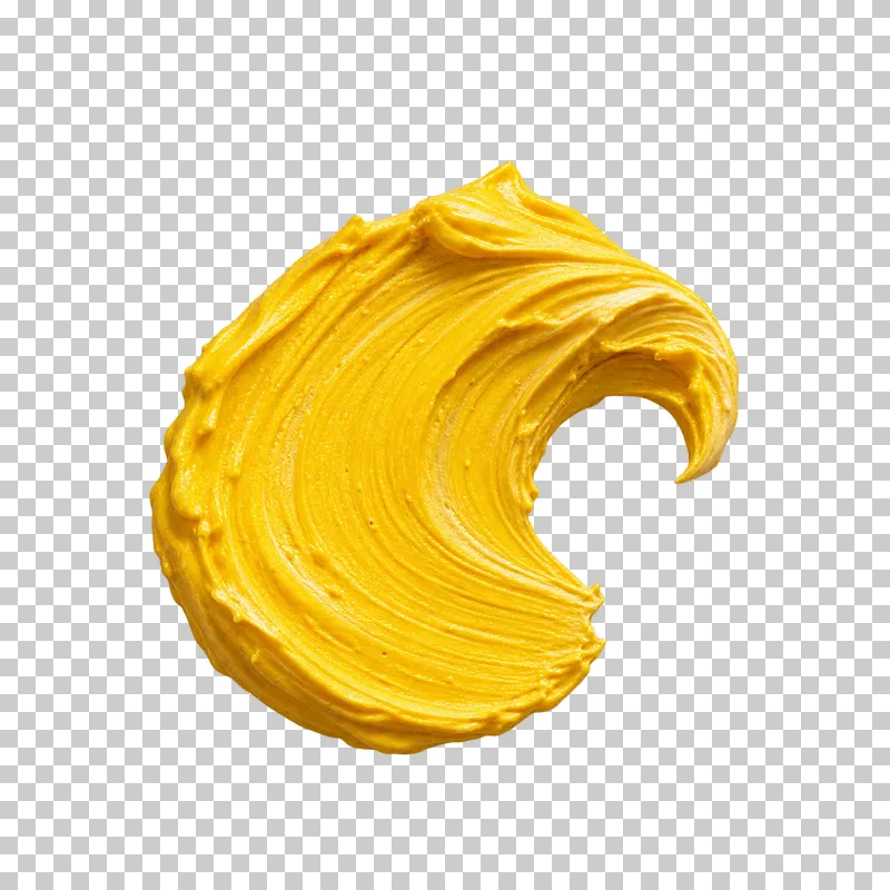 A thick yellow dab curves inward into a hook, with rounded ridges across its filled body.