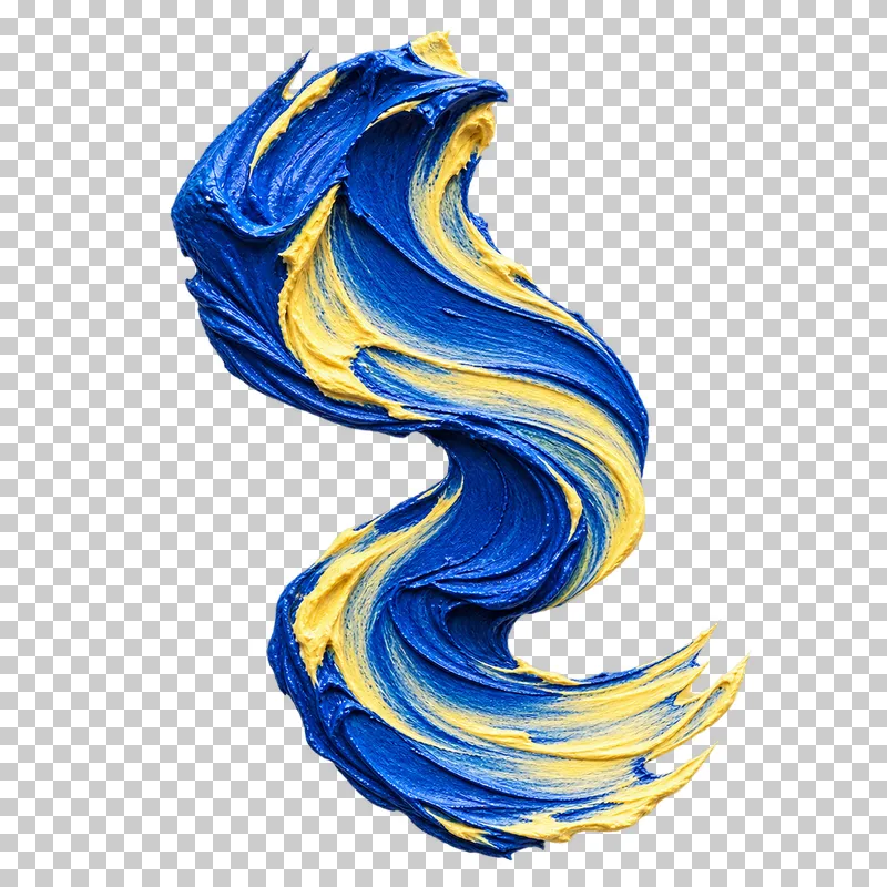 Blue paint with yellow streaks bends in an upright S, with twisting ridges and a narrow middle.