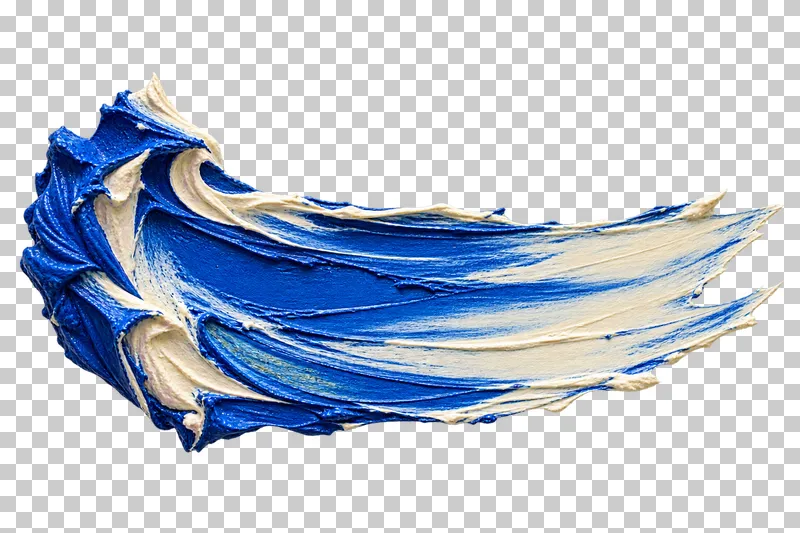 A broad blue and ivory knife swipe has a raised left edge and a thin taper toward the right.