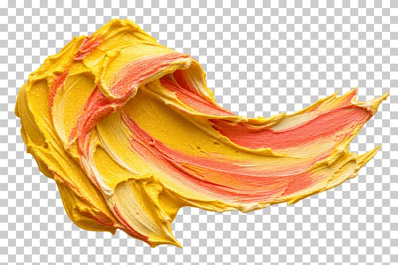 Yellow paint with coral streaks folds into a low ribbon with a raised curled end.