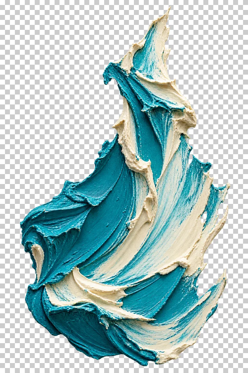 A turquoise and ivory paint deposit rises into one tall torn crest above a broad gathered base.