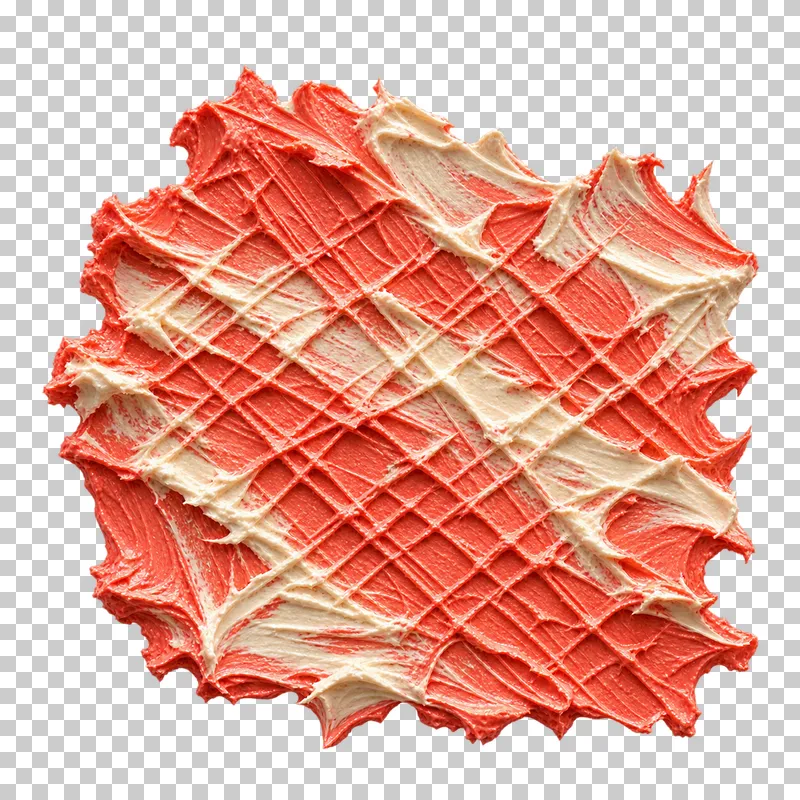 Narrow intersecting cuts form a dense lattice across a coral and ivory patch of thick paint.