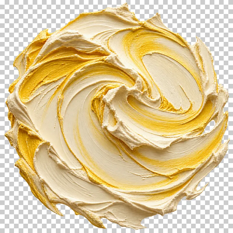 Ivory and yellow paint sweeps around a filled circular patch, gathering into a thick central ridge.