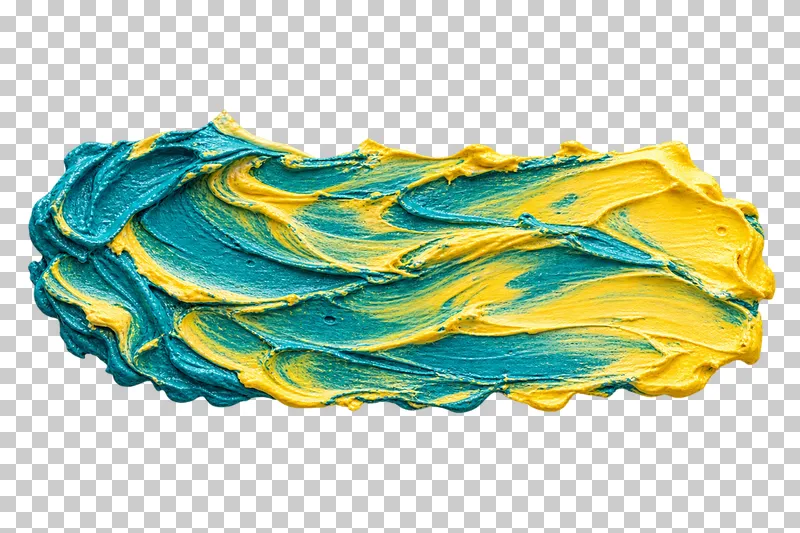 Turquoise and yellow pigments mix in a low horizontal swatch with blunt ends and marbled internal folds.