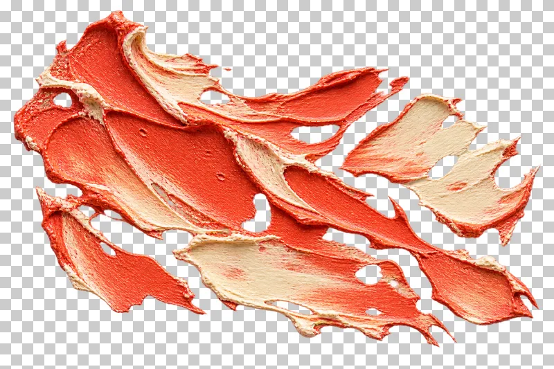 Flat coral and ivory paint islands sit between irregular transparent gaps, with raised rims left by scraping.