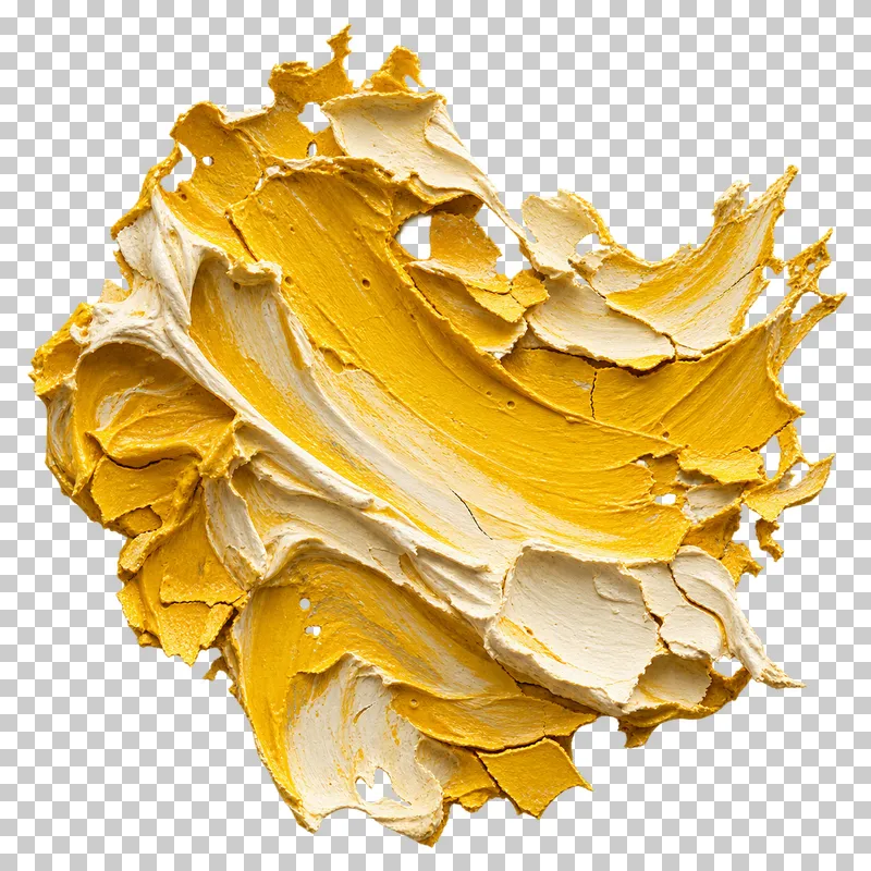 A thick yellow and ivory paint crust has shallow cracks, raised broken edges, and attached flakes.