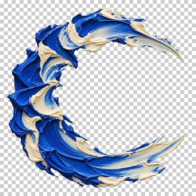 Several blue and ivory paint deposits form an open C around a large transparent center.