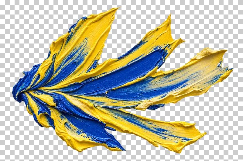 Broad yellow knife deposits with blue streaks radiate outward from a common base into angular tips.