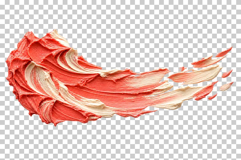 Coral and ivory marks form a horizontal trail that changes from a dense cluster into sparse separated dabs.