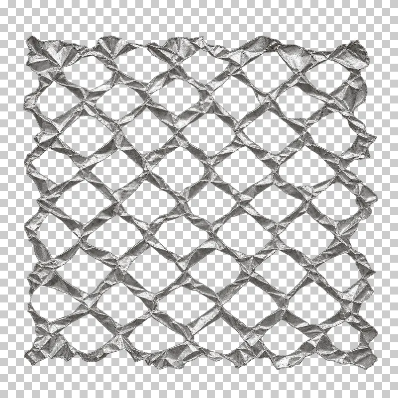 Expanded silver foil mesh with open diamond cells and a torn outer edge.