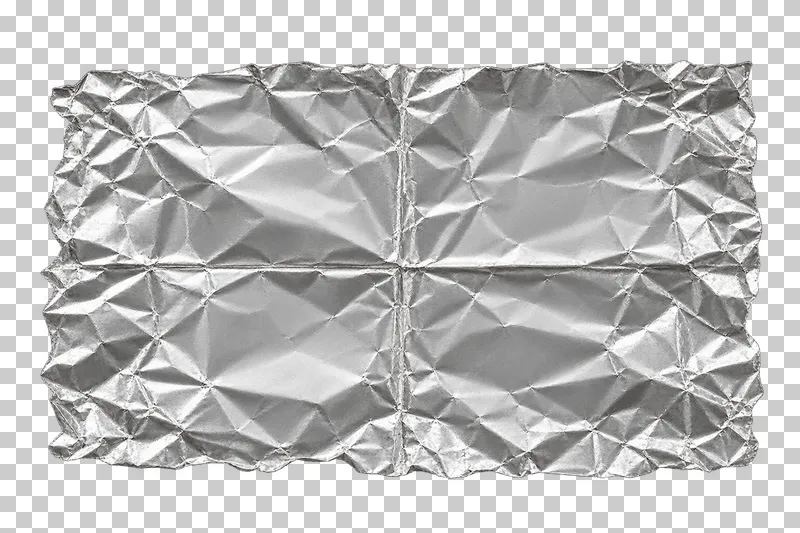 A rectangular silver foil sheet with broad intersecting cross folds.