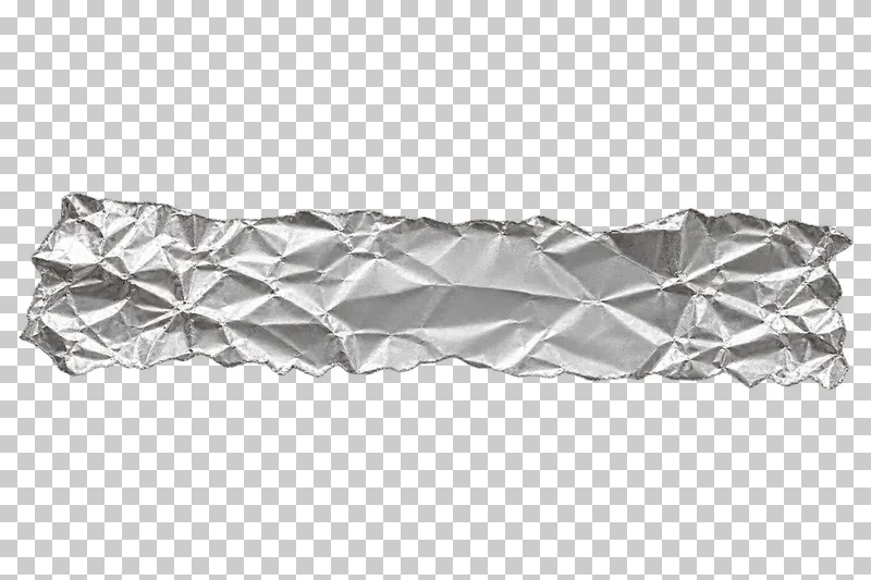 A narrow torn silver foil strip with wrinkled faces and uneven ends.