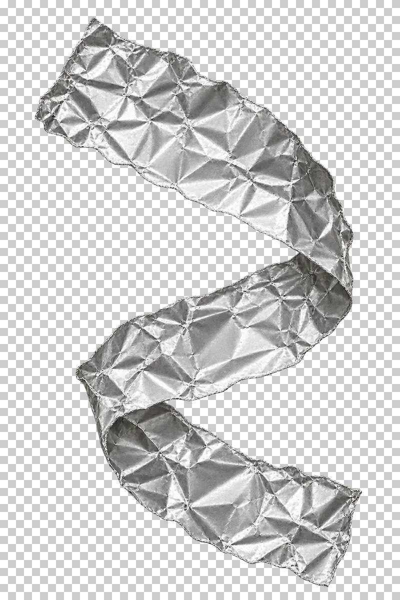 A tall silver foil ribbon bent into an open S-shaped curve.