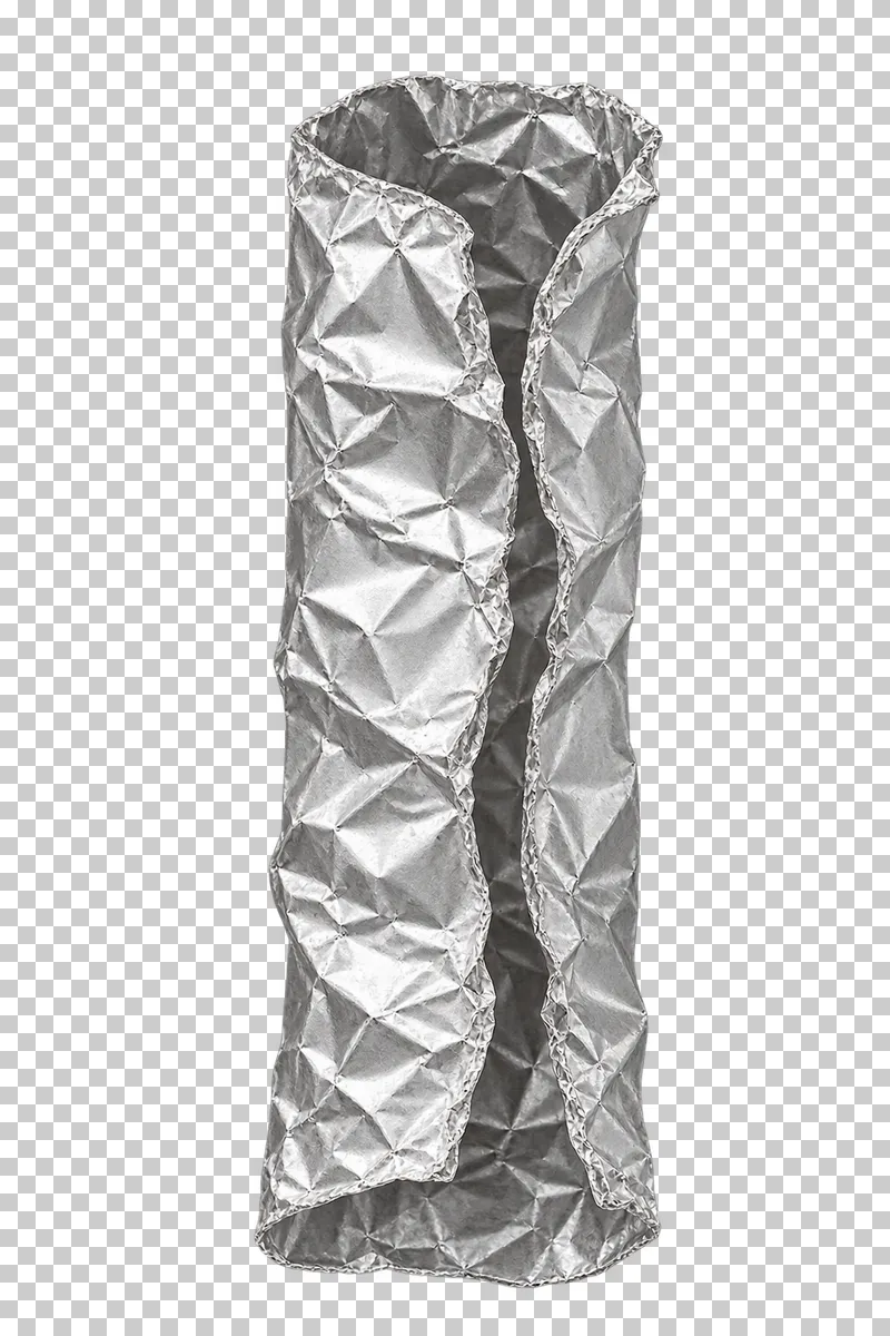 A rolled silver foil tube with a split seam and open ends.