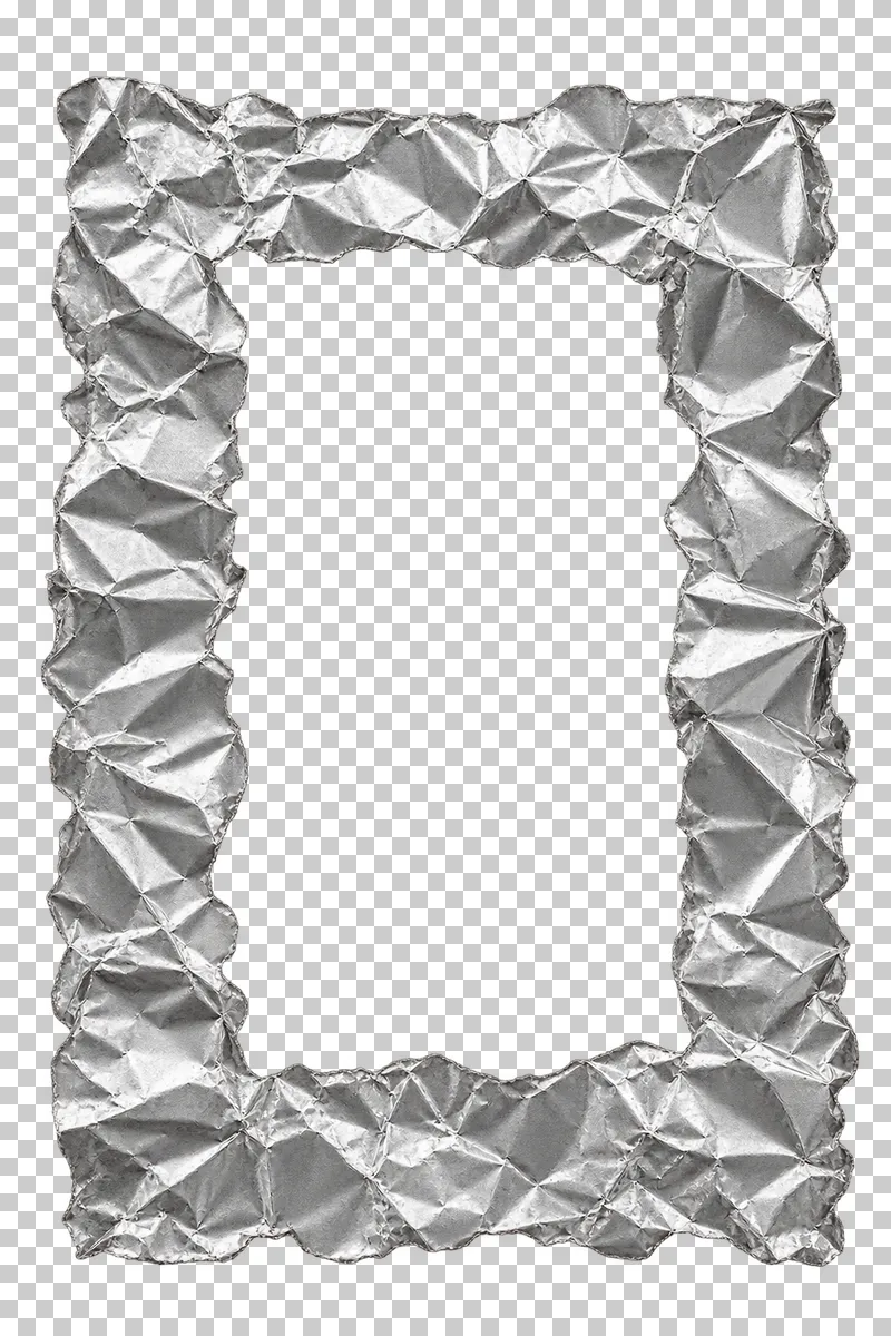 A continuous torn silver foil frame around a tall rectangular opening.