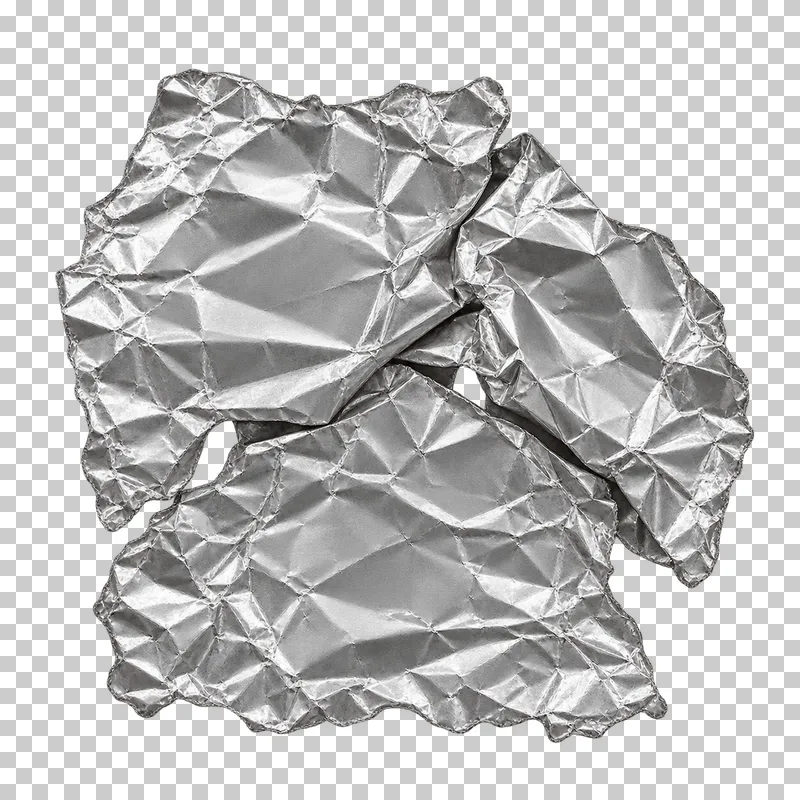 A compact asymmetric cluster of three interlocked silver foil fragments.