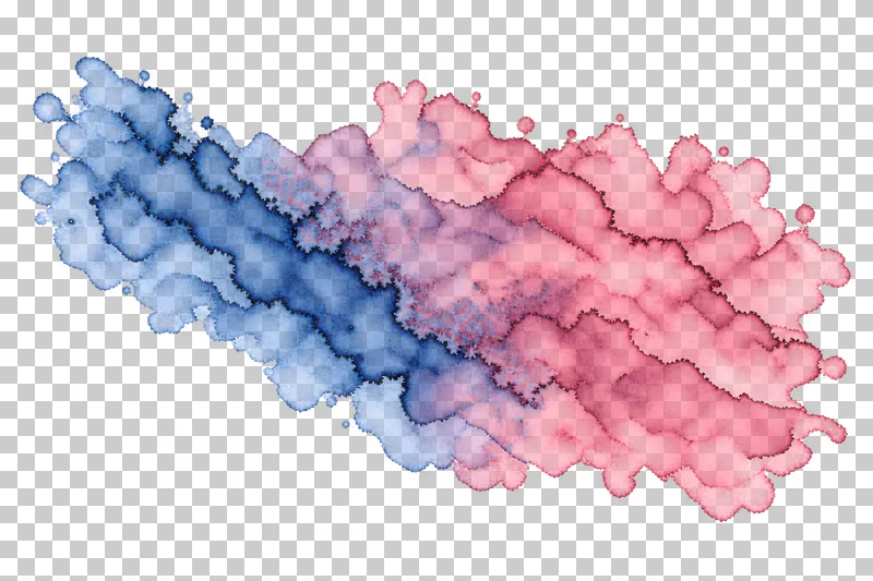 A indigo and dusty rose watercolor two-pigment confluence with uneven translucent pigment and drying edges.