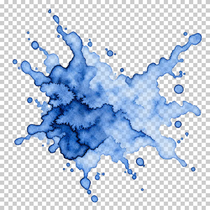 A indigo watercolor wet impact splash with uneven translucent pigment and drying edges.