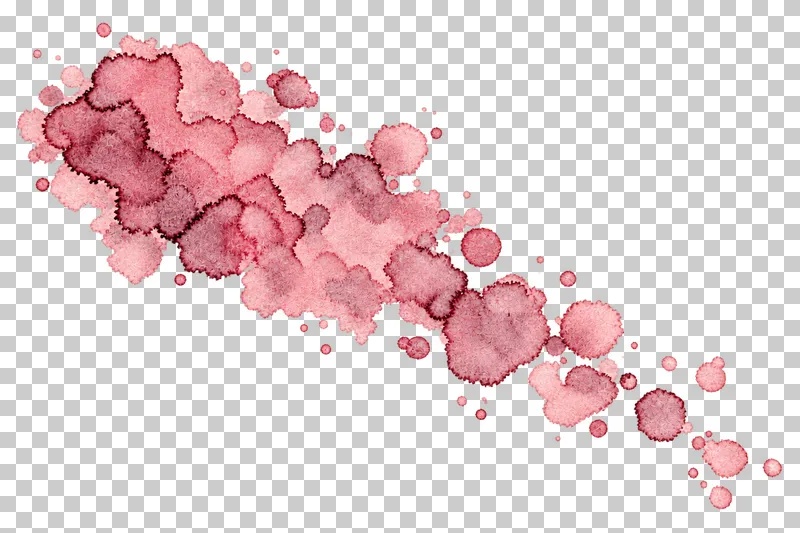 A dusty rose watercolor diluting droplet trail with uneven translucent pigment and drying edges.