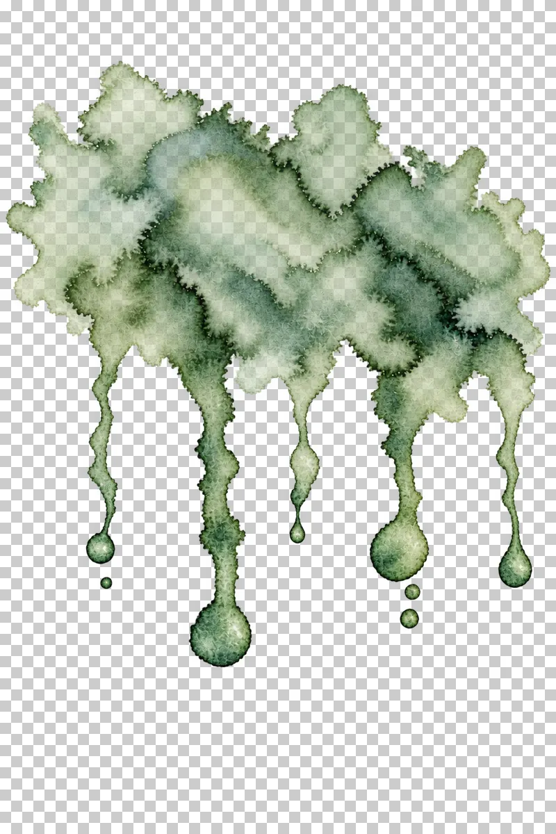 A muted sage watercolor bleeding drips with uneven translucent pigment and drying edges.