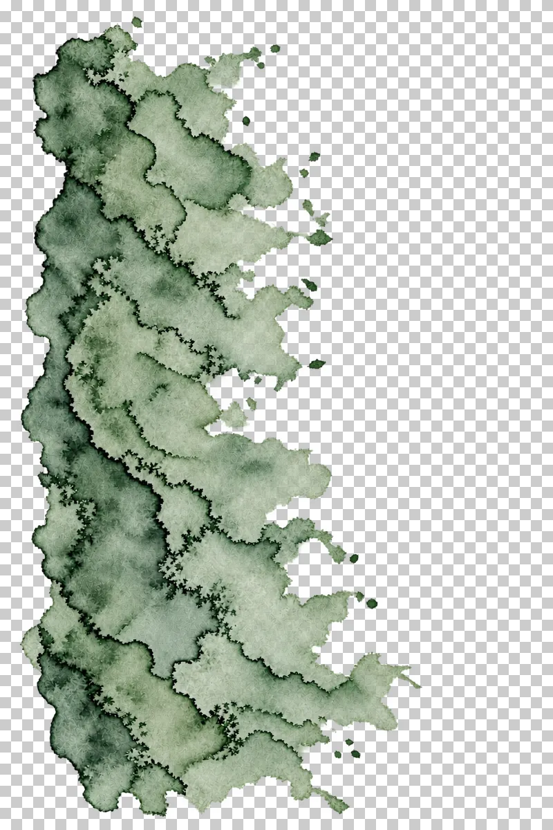 A muted sage watercolor tall feathered side margin with uneven translucent pigment and drying edges.