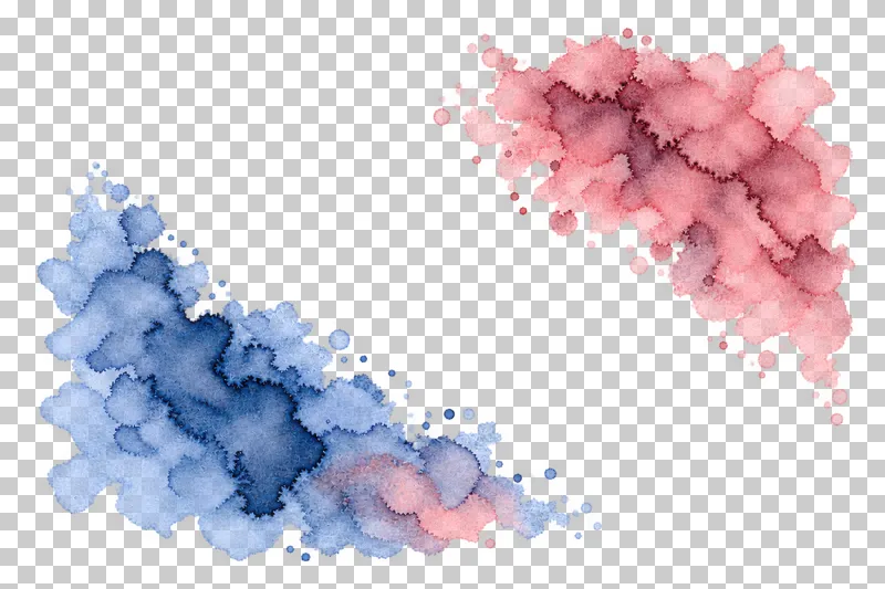 A indigo and dusty rose watercolor opposing corner washes with uneven translucent pigment and drying edges.