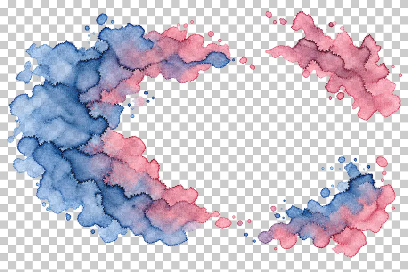 A indigo and dusty rose watercolor asymmetric photo surround with uneven translucent pigment and drying edges.