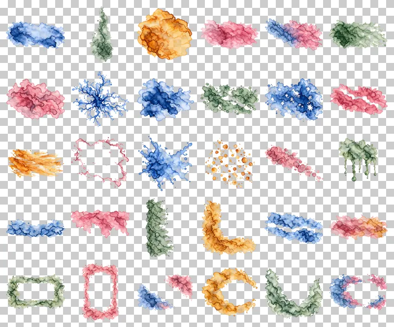 Watercolor Washes and Blooms PNG Collection: all 30 elements in one grid
