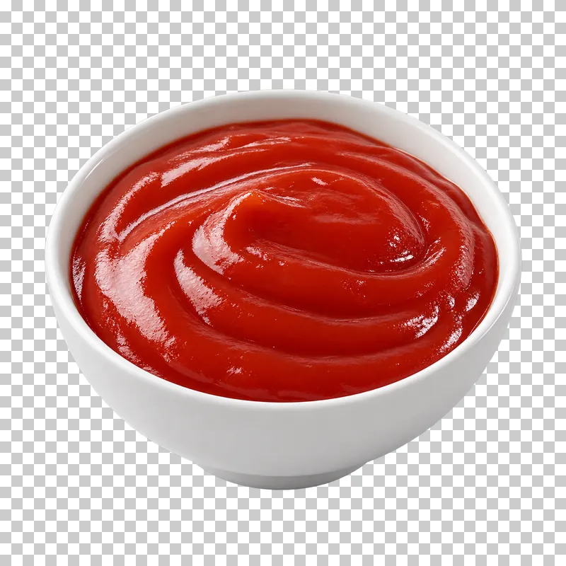 A plain white ceramic bowl filled with ketchup.