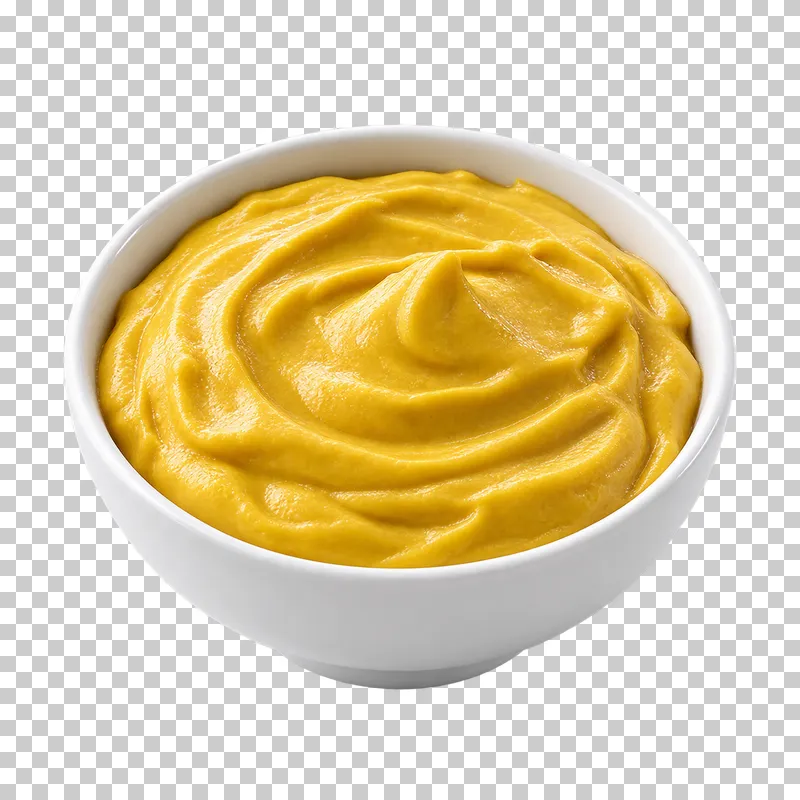 A plain white ceramic bowl filled with yellow mustard.