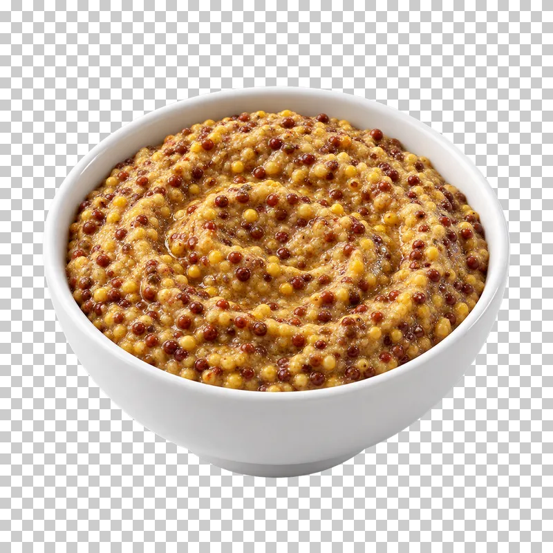 A plain white ceramic bowl filled with wholegrain mustard.