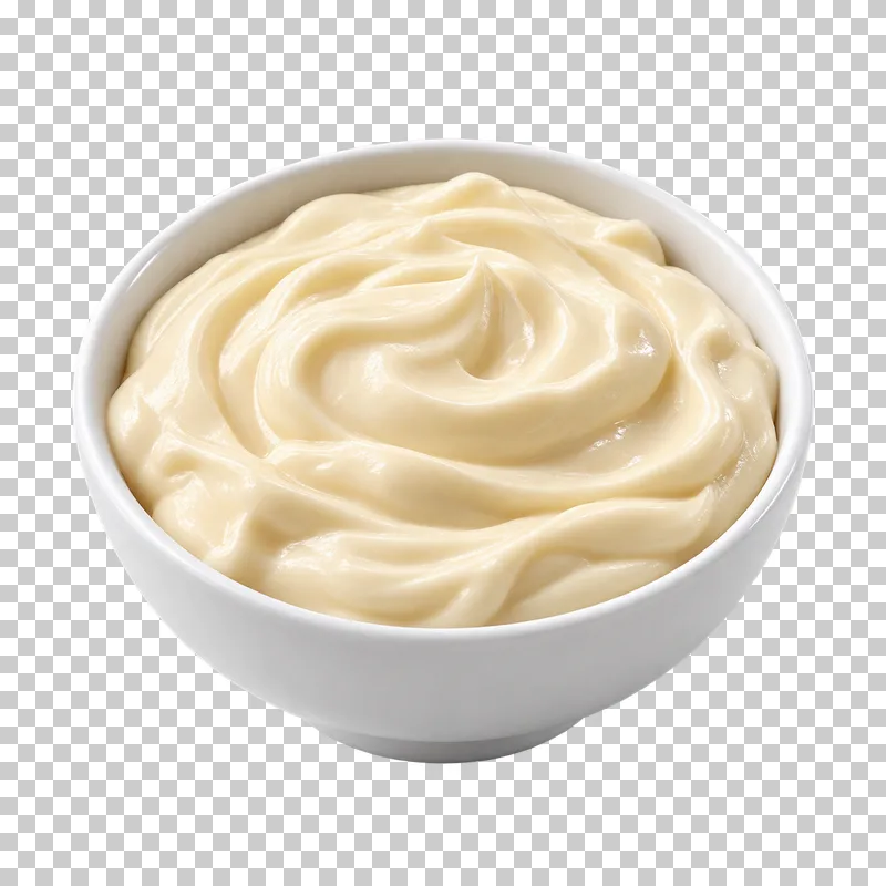 A plain white ceramic bowl filled with mayonnaise.