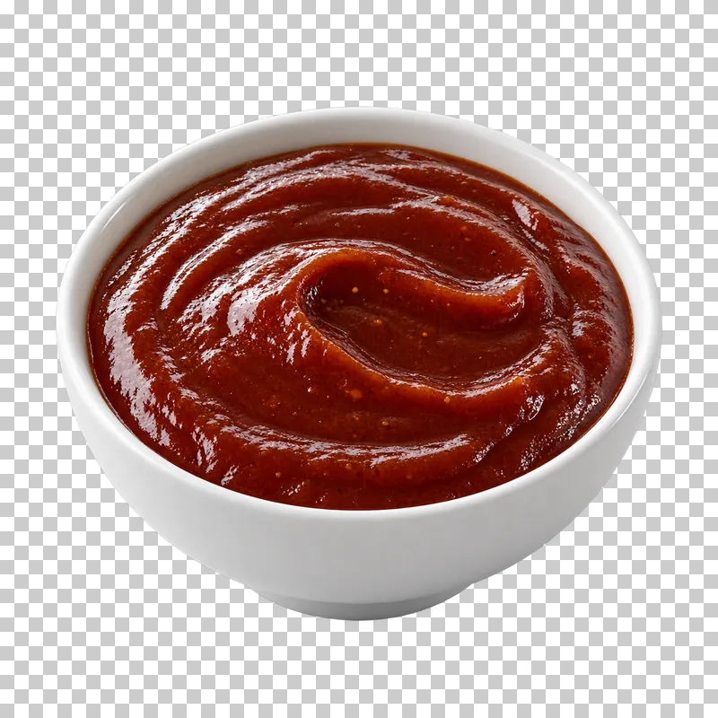 A plain white ceramic bowl filled with barbecue sauce.