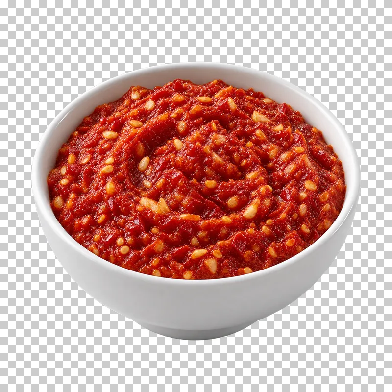 A plain white ceramic bowl filled with chili garlic sauce.