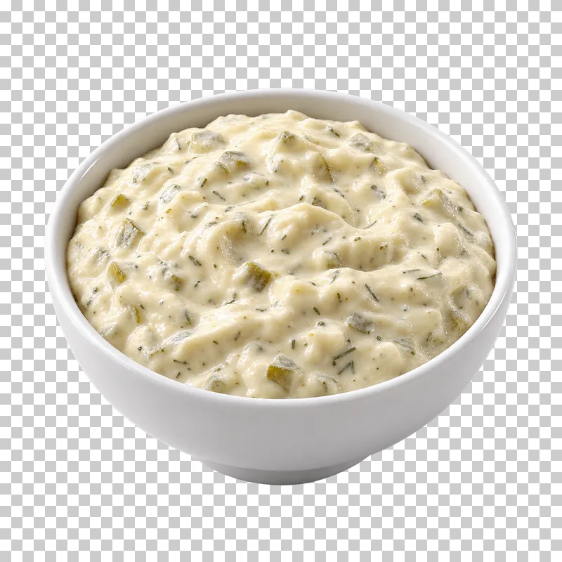 A plain white ceramic bowl filled with tartar sauce.