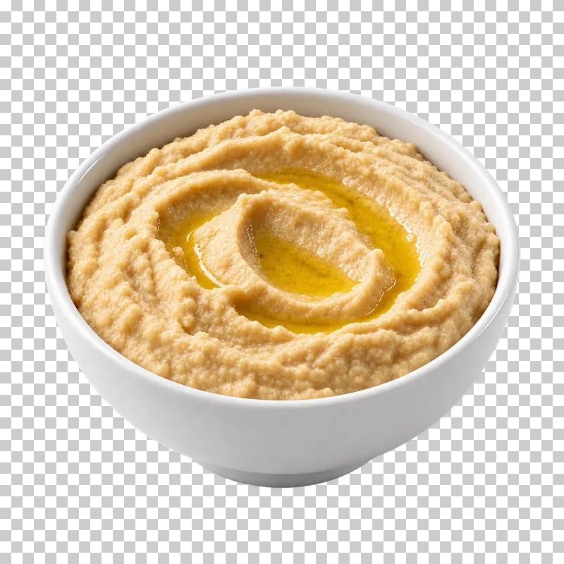 A plain white ceramic bowl filled with hummus.