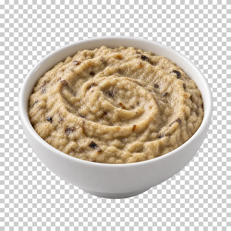 A plain white ceramic bowl filled with baba ganoush.
