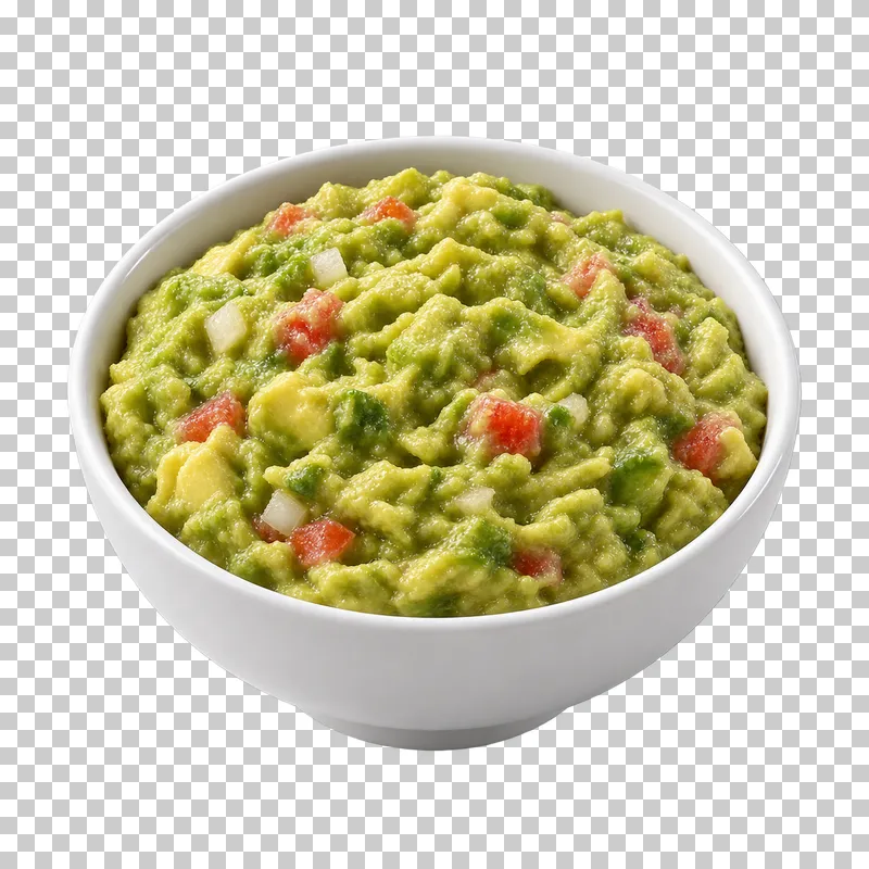A plain white ceramic bowl filled with guacamole.
