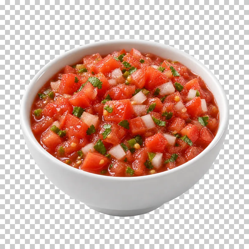 A plain white ceramic bowl filled with chunky tomato salsa.